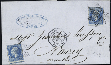 N°22, 2 pièces, OBL étoile22 + CAD octogonal "Paris R. du Helder" (1864) sur lettre pour Nancy. TB