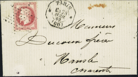 N°32 OBL étoile muette + CAD octogonal "Paris (60) E3" (1869) sur lettre pour Mansle (Charente), ind 18. TB