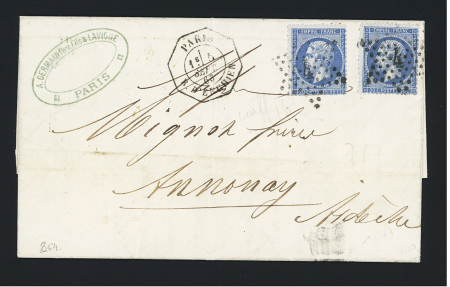 N°22, 2 pièces, OBL étoile 4 + CAD octogonal "Paris R. d'Enghien" (1866) sur lettre pour Annonay, ind 16. TB