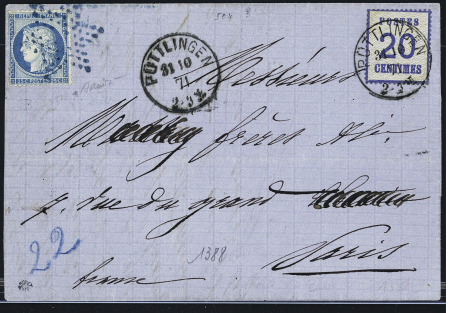 Double affranchissement : n°60 OBL étoile muette bleue + Alsace-Lorraine n°6 OBL CAD "Puttlingen" (31.10.71) sur lettre pour Paris. TB