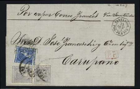 Espagne n°155, def + n°159, 2 pièces, sur lettre pour Carupano avec à côté CAD octogonal "Santander Paq. Fr. B n°4" (1875) (Sallesn°1448), ind 20. TB