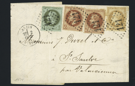 Anzin : n°25 + 26, 2 pièces + 28 OBL GC 121 + T16 "Anzin" (2 oct 71) sur lettre. TB