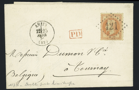 N°31, 40c orange OBL GC 121 + T16 "Anzin" (fev 1871) sur lettre pour Tournay (Belgique) en double port frontalier. TB