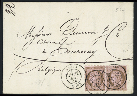 N°54 en paire OBL T18 Anzin (1876) sur lettre pour Tournay (Belgique) au tarif frontalier. TB