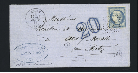 N°37 OBL GC 121 + T16 Anzin (27 aout 71) sur lettre pour Metz avec taxe allemande double-trait 20 en bleu. TB