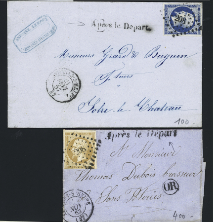 2 lettres AFF n°13 et 14 OBL PC 208 + T15 Avesnes-s-Helpe (1857 et 1862) + 2 marques locales diff. "après le départ". TB