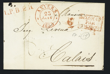 Lettre d'Anvers pour Calais (1833) avec marque d'entrée rectangulaire "Belgique par Dunkerque", ind 11. TB