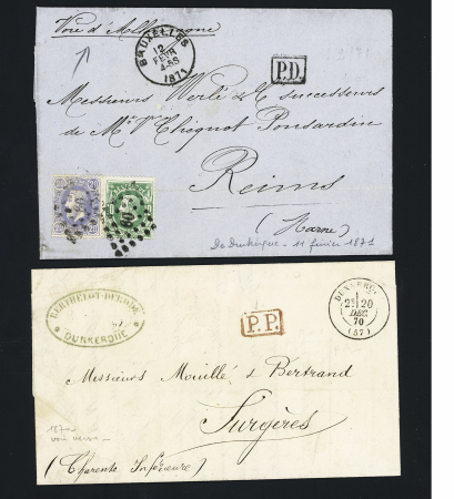 2 lettres : LST civile avec T17 Dunkerque (20 dec 70) + PP encadré rouge (AFF en numéraire faute de timbres) et lettre de Dunkerque pour Reims postée à Bruxelles avec mention manuscrite "Voie d'Allemagne". TB