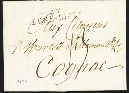 Nom révolutionnaire, lettre avec MP "57 Dune - Libre" (42 x 9mm - 1794), ind 17. TB