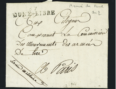Lettre de l'armée du Nord avec mention manuscrite "service militaire" et MP "57 Dune-Libre" (42 x 9mm - an 2), ind 17. TB