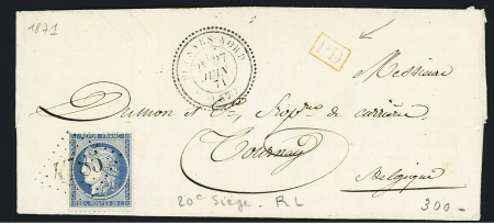 Fresnes-Nord : n°37 OBL GC 4785 + T24 "Fresnes-Nord" (1870) sur lettre pour Tournai (Belgique) au tarif rayon limitrophe. TB
