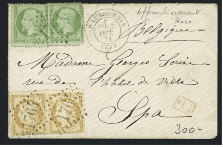 Haubourdin : n°20, 2 pièces (def), + n°36, 10c bistre en paire (TB) OBL GC 1764 sur lettre pour Spa (Belgique). TB