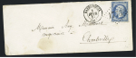 13 lettres d'Hazebrouck dont n°14 en paire  OBL PC 1500 + T15 (1859) + boite rurale "D" de Hondeghem sur lettre pour Tournai (Belgique). TB