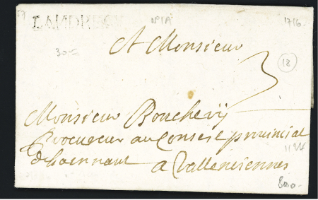 Landrecies : MP "Landrecy" (L n°1A, 1716), ind 18, certificat Pothion. TB