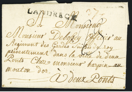 MP rouge "Landrecy" (L n°4, 1777) sur lettre pour Deux-Ponts, ind 17. TB