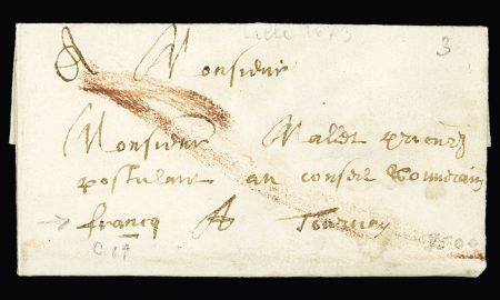 Lettre de Lille à Tournay (1673) en port payé. TB