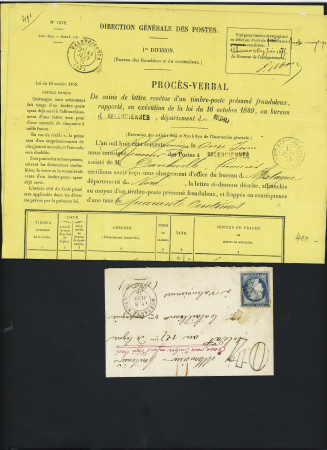 N°60 sur lettre de Mortagne nord avec mention manuscrite rouge "taxe pour timbre ayant déjà servi" + taxe 40 double-trait et page du procès verbal de saisie. TB