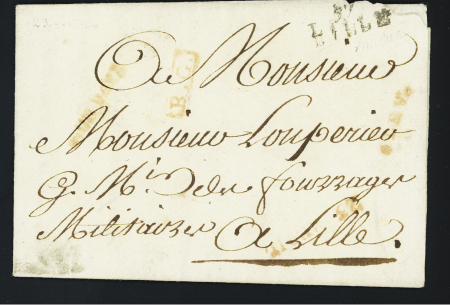 Petite MP "57 Lille" sur lettre avec marque encadrée rouge "BG" du bureau général de la Petite Poste de Lille (L n°2) ex. collection Lenain, certificat Pothion, ind 25. TB