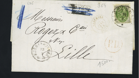 Lettre de Copenhague pour Lille AFF Danemark n°20 avec CAD d'entrée rouge "Danemark Lille" (1874 - n°696). Rare 
