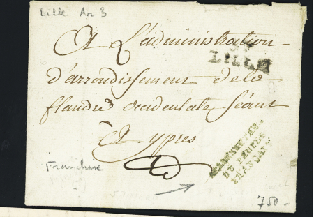 Lettre avec MP "57 Lille" + griffe noire "représentant du peuple français" (an 3). TB