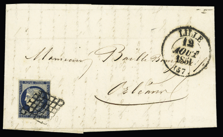 N°4 OBL grille + T13 Lille (1851) sur lettre pour Orléans, ind 13. TB