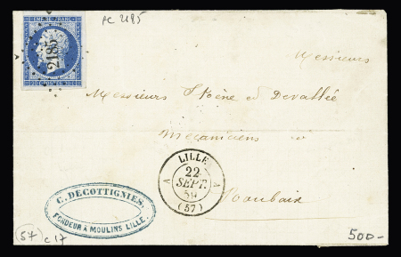 N°14 OL PC 2185 + CAD T15 "A Lille A (57)" (1859) sur lettre pour Roubaix, ind 17. TB