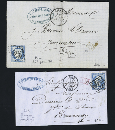 2 lettres AFF n°22 OBL GC 2046 + T15 Lille (1866) et n°60 OBL GC 4078 + T17 Valenciennes (1875) toutes deux pour la Belgique en rayon frontalier. TB