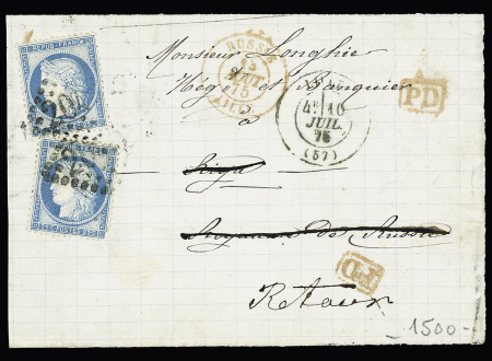 N°60,2 pièces, OBL GC 2046 + T17 Lille (1875) sur devant de lettre pour Riga réexpédiée à Lille avec rare CAD rouge d'entrée n°1046 "Russie Lille" sur devant de lettre. TB