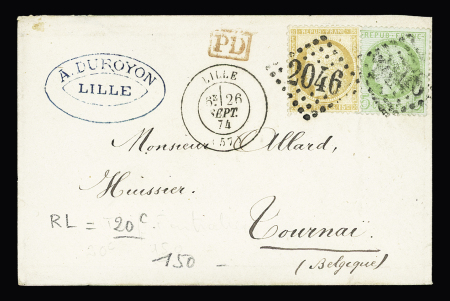 N°53 + 55 OBL GC 2046 + T17 Lille (1874) sur lettre pour Tournai (Belgique) au tarif rayon frontalier. TB