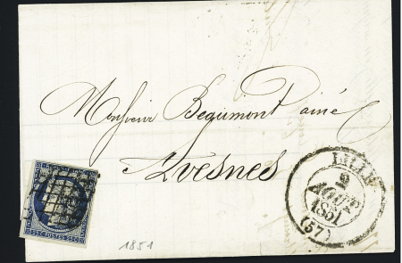N°4 OBL grille + CAD type 13 "Lille (57)" (1851) sur lettre. TB