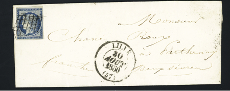 N°4 OBL grille + T13 Lille (57) (30 aout 1850) sur lettre. TB