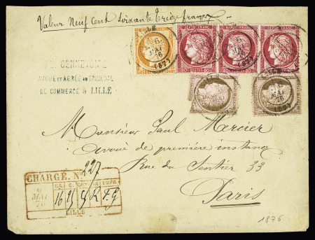 N°38 + 54, 2 pièces (1 ex def) + n°57, 80c rose, bande de 3 OBL T17 Lille (mai 1876) sur lettre chargée (VD 973F) avec cachet descriptif des chargements au recto. TB