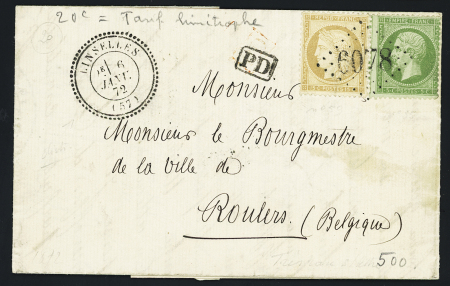 Linselles : n°20 + 59 OBL GC 6078 + CAD T24 "Linselles (57)" (1872) sur lettre pour Roulers (Belgique) au tarif frontalier. TB