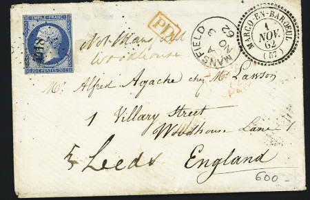 Marcq en Baroeul : n°14 OBL PC 4418 + T22 Marcq en Baroeul (1862) sur lettre pour la Grande Bretagne réexpédiée à Leeds. Un timbre à 20c a été enlevé et remplacé par la mention manuscrite "Not Mansfield Woodhou