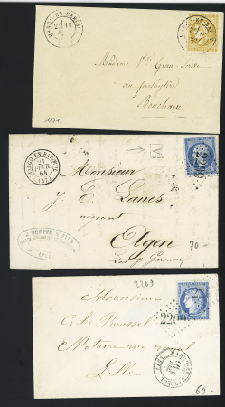 5 lettres dont n°43, 10c bistre OBL T17 Marcq en Baroeul (mai 1871). TB