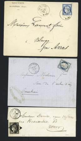 Masnières : 4 lettres dont n°3, légèrement touché OBL grille + T15 "Masnières (57)" (1850). TB