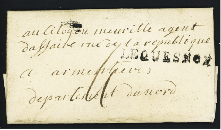 MP "Lequesnoy" (46mm - L n°8A) - lettre non datée mais adressée "au citoyen Neuville", donc entre 1798 et 1800, ind 18. TB