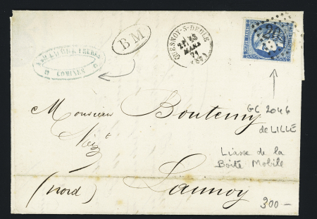 N°46 OBL GC 2046 + T16 "Quesnoy-s-Deule" (13.3.1871) + "BM" dans un ovale sur lettre de Comines. TB