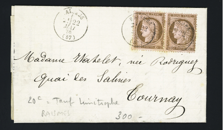 Raismes : n°54 en paire OBL T16 Raismes (1876) sur lettre pour Tournai (Belgique) au tarif frontalier à 20c. TB