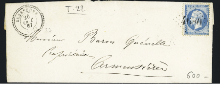 Renescure : n°22 OBL GC 4680  + T22 Renescure (1867) sur lettre, ind 17. TB