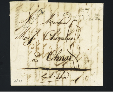 Roubaix : lettre de Roubaix pour Colmar avec MP "Roubaix" + "57 Lille" (1811 marque double bureau de distribution). TB