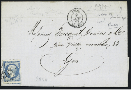 N°22 OBL GC 3218 + CAD T15 "Belg. Roubaix" (1867) sur lettre de Roubaix pour Lyon - usage exceptionnel du CAD d'entrée. TB