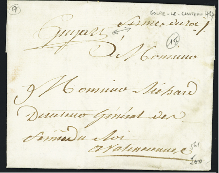 Solre le Château : franchise manuscrite "fermes du roi" + "Guyart" (1787) sur lettre de Solre le Château. TB