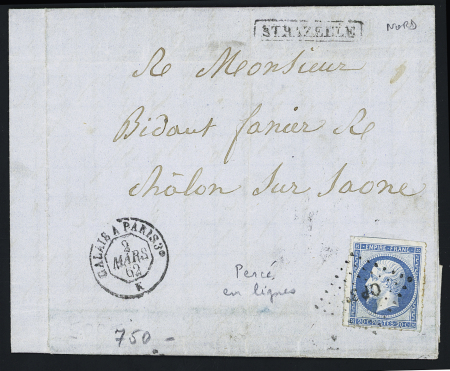 Strazelle : n°14, percé en lignes OBL losange de points ambulant "CP 3°" + CAD ambulant de jour "Calais à Paris 3° K" (1862) + griffe encadrée de gare "Strazeelle". Rare et TB
