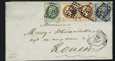 N°25 + 26 en paire + 37 OBL GC 3987 + T17 Tourcoing (5 oct 71) sur lettre pour Rouen. TB