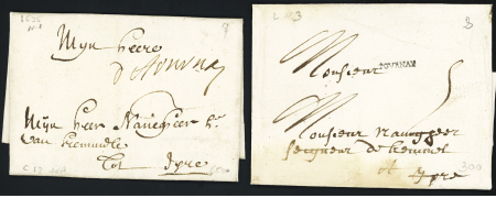 2 lettres : MP manuscrite "De Tournay" (1694 - L n°1, ind 18) et petite MP "Tournay" (L n°3 - SD - ind 20). TB