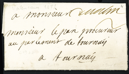 MP "De Valencienne" (44mm - L n°2 - 1708) adresse partiellement effacée mais frappe TB, ind 19. 