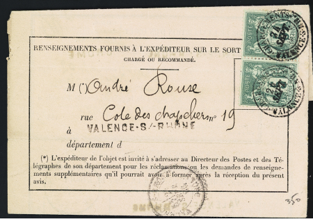 N°75 en paire OBL CAD "Chargements Valence-s-Rh" (1886 sur avis rose de réception des postes). TB
