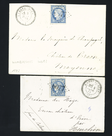 Wambrechies : 2 lettres : n°45 (belles marges) + 60 OBL GC 6077 + T24 Wambrechies (1871 et 1873), ind 13 chaque. TB