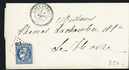 N°46 (touché) OBL GC 4882 + T24 "Vieux-Berquin" (1871) sur lettre, ind 15. TB